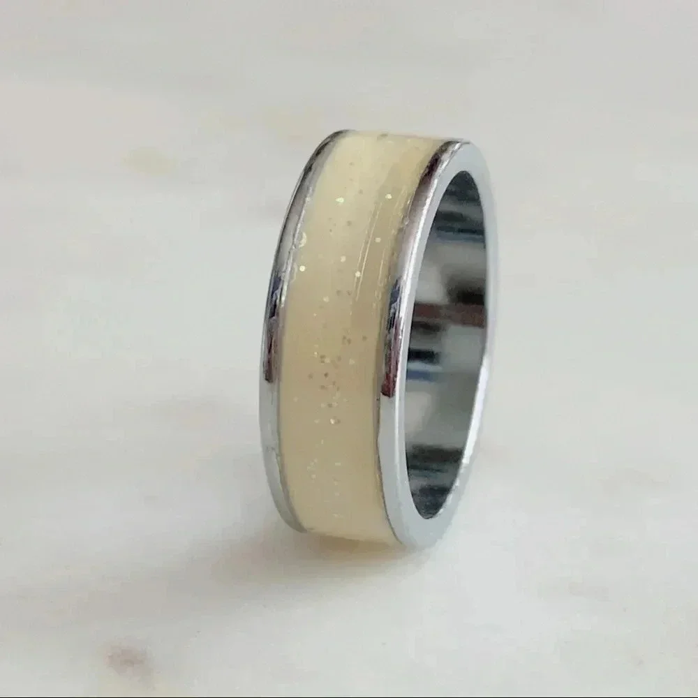 Silver enamel ring band, Sz 5.5, Sparkling  yellow/cream, Bloomingdales